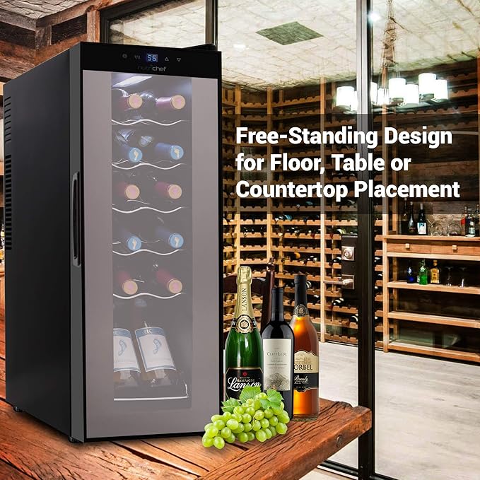 NutriChef PKCWC120 White & Red Cooler-Freestanding Countertop Compact Mini Wine Fridge Chiller Capacity, Digital Control, Glass Door, 12 Bottle-Black