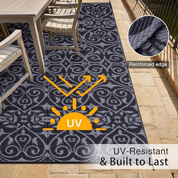 OLANLY Outdoor Rug Waterproof 6x9 ft Clearance, Reversible Outdoor Plastic Straw Rug with Floral Pattern, RV Mat for Patio, Camping, Balcony, Deck, Backyard, Black & Grey