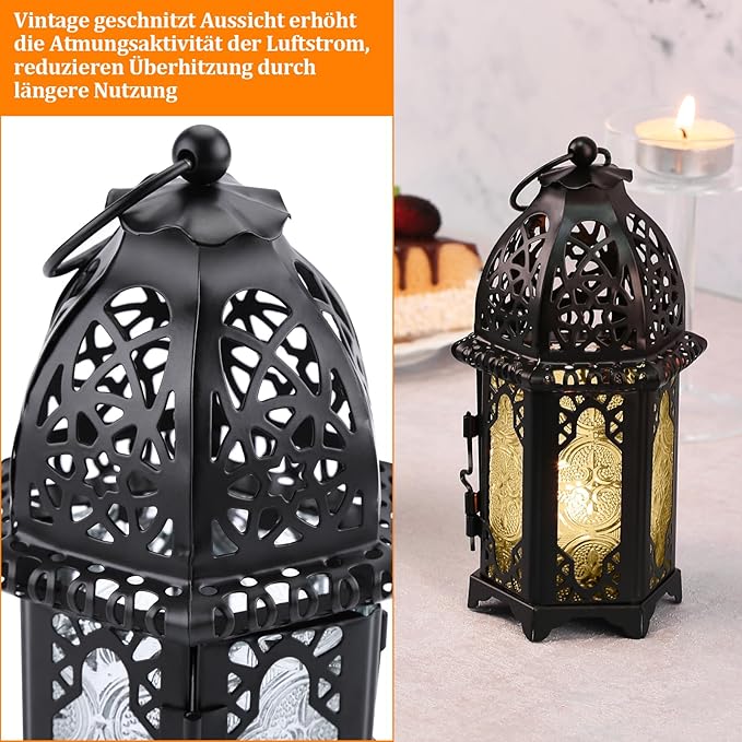 Metal Candle Holder 4PCS Transparent Glass Moroccan Style Hanging Lanterns Creative Wedding Home Tabletop Decoration Birdcage, Black