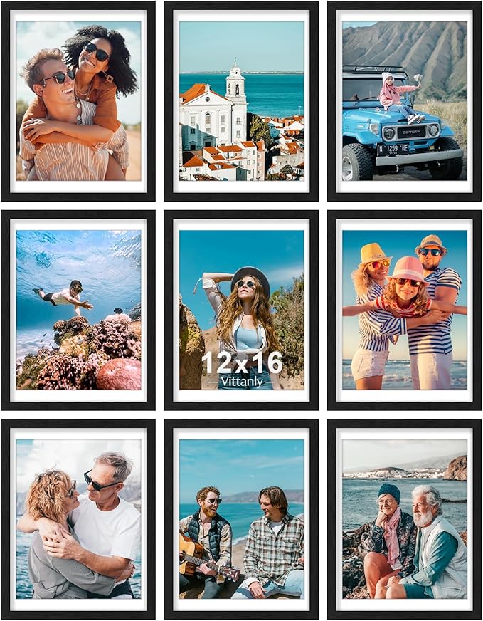 Vittanly 12x16 Picture Frames Set of 9, Shatter Resistant Plexiglass, Display 11x14 Pictures with Mat or 12x16 without Mat, Photo Frames for Wall Mount, Engineered Wood, Black