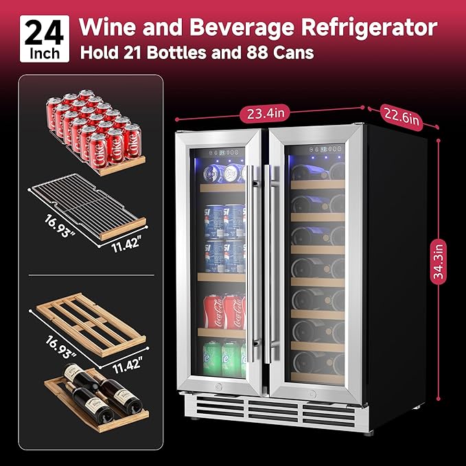24" Wine and Beverage Refrigerator, Dual Zone Wine Cooler with Glass Door, Hold 88 Cans & 21 Bottles, Built in or Freestanding Under Counter Wine Fridge with Blue LED Light.