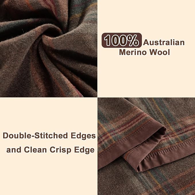 YOUR MOON 100% Pure Merino Wool Queen Size, Australian Organic Natural Wool Blanket, Hypoallergenic Wool Blanket for Bed, Medium Weight(Plaid Brown, 90 * 90)