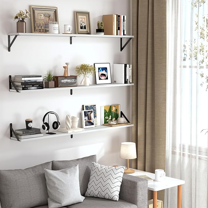 Heimlove 48 Inch Large Wall Bookshelves Set of 3, Wall Mounted Bookshelves,Heavy Duty Wooden Shelves for Living Room,Bedroom,Kitchen,Laundry Room Storage & Decor