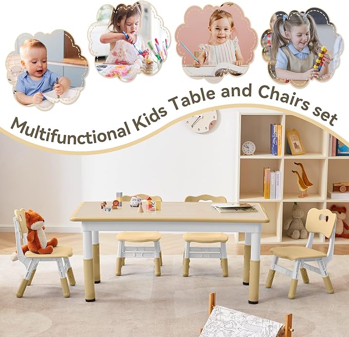 Kids Study Table and Chairs Set, Height Adjustable Toddler Table and Chair Set for Kids Ages 3-8, Graffiti Desktop (Wooden Brown)