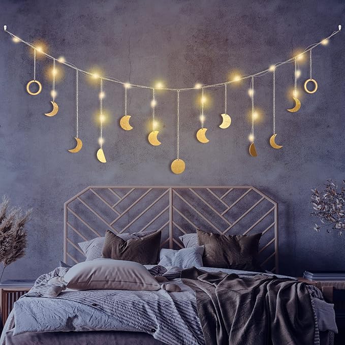 Moon Phase Wall Decor with LED String Light, 13 Gold Wood Boho Wall Hanging Decor Mood Garland 56'' - Celestial Phases Moon Decor in Bohemian Style for Bedroom Home Living Room