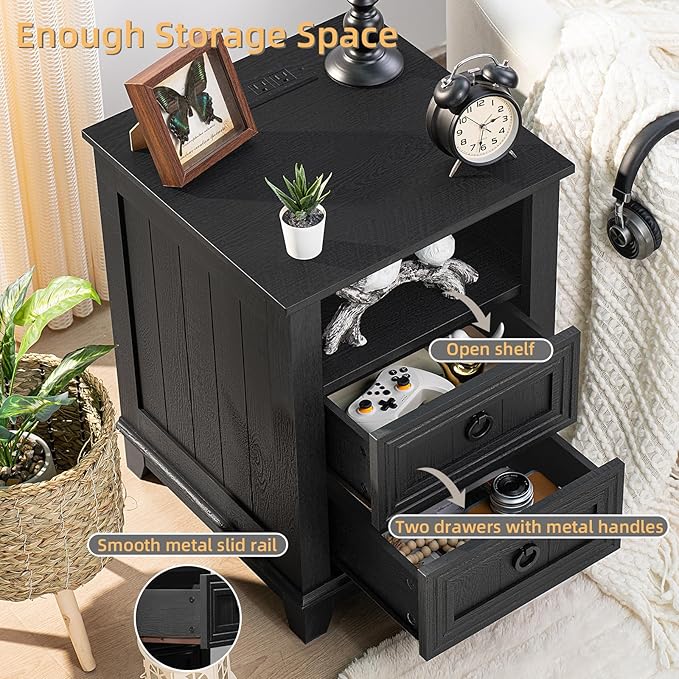 18" Night Stands Set of 2 with Charging Station, Farmhouse 2 Drawers End Table Dresser for Bedroom, Black Wooden Nightstand, Bed Side Table with Open Shelf, Bedside Cabinet for Living Room