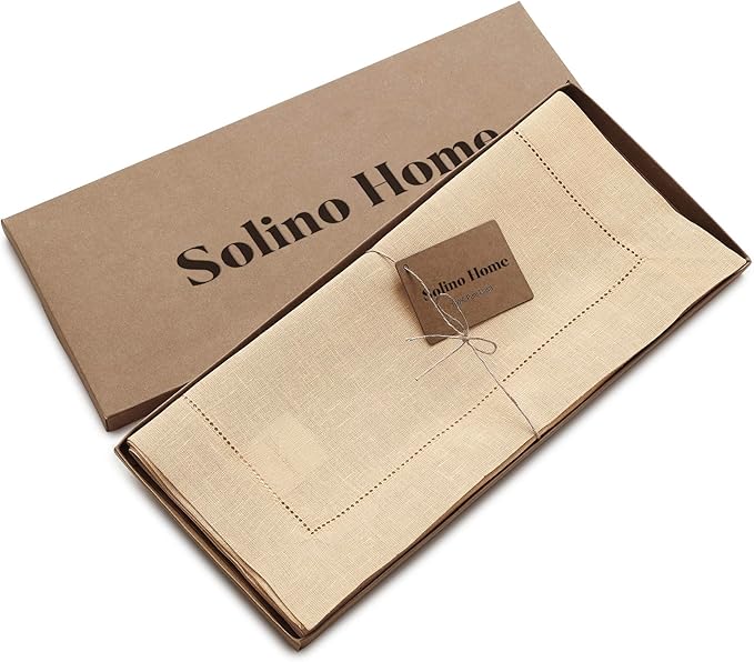 Solino Home Linen Beige Table Runner 120 Inches Long - 100% Pure Linen 14 x 120 Inch Table Runner for Fall, Autumn, Thanksgiving - Classic Hemstitch