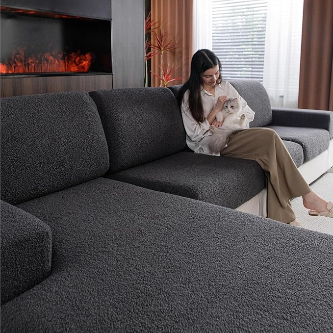 Couch Cushion Covers for Sectional Sofa, Stretch Soft Sofa Slipcovers Washable Wear-Resistant Universal Furniture Protector for Living Room(3 Seaters Covers+1 Chaise Cover, Dark Gray)