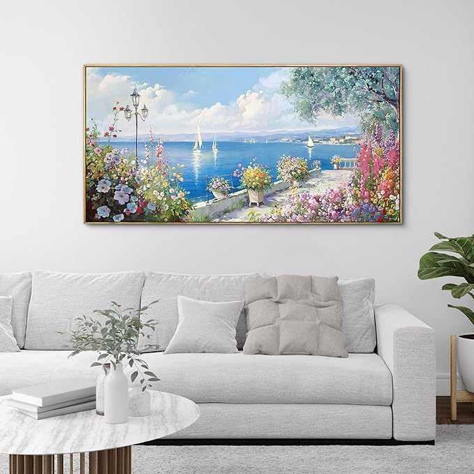 XLSJERST Blue Coastal Wall Art - Ocean Seascape Canvas Yellow Green Flowers Painting Landscape Sailboat Picture Artwork Modern Large Framed for Living Room Bedroom Home Office Decor 20"x40"