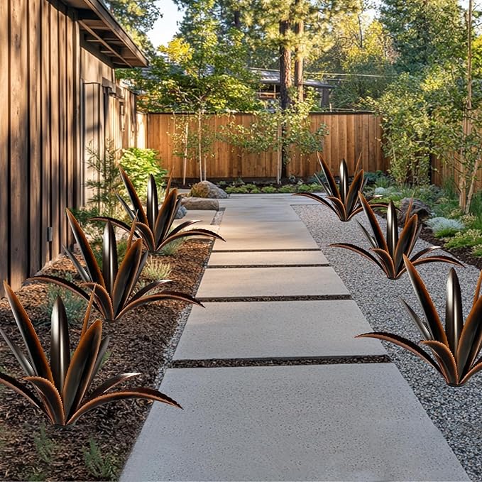 TOMBABY Enlarge Thickened Wind Resistant Metal Agave Garden Art Plant Country Garden Sculpture Statue Outdoor Decoration Agave Metal Plant Courtyard Ornament Gift (2, 12 Leaves Black)
