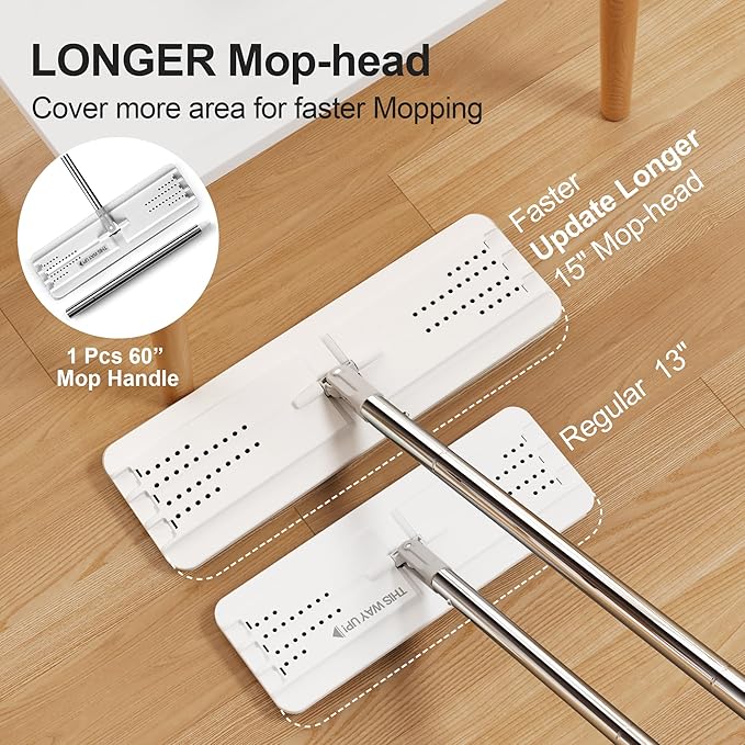 JOYMOOP Mop and Bucket with Wringer Set, Flat Squeeze Mop with Bucket (X-Large), Dust Mop for Wall Cleaner with Long Handle, Microfiber Mop - White Bucket with 3 Reusable 15" Pads