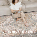 Washable Area Rugs for Living Room - 7x9 Neutral Vintage Distressed Floral Farmhouse Boho Large Soft Floor Rug Indoor Non Slip Carpet for Living Room Bedroom Dining Room Office - Forest Green Orange