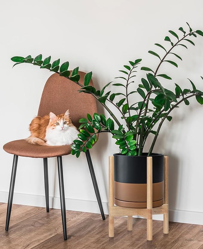 D'vine Dev Ceramic Planter with Natural Stand - 8 Inch Modern Round Flower Pot with Wood Planter Holder, Black/Speckled Tan, 55-B-N-7