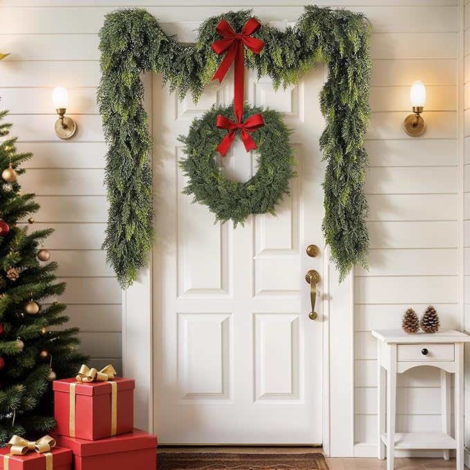 9 ft Christmas Garland, Cedar Garland, Real Touch Cypress Garlands, Green Artificial Greenery Garland for Mantel Indoor Outdoor Christmas Decorations