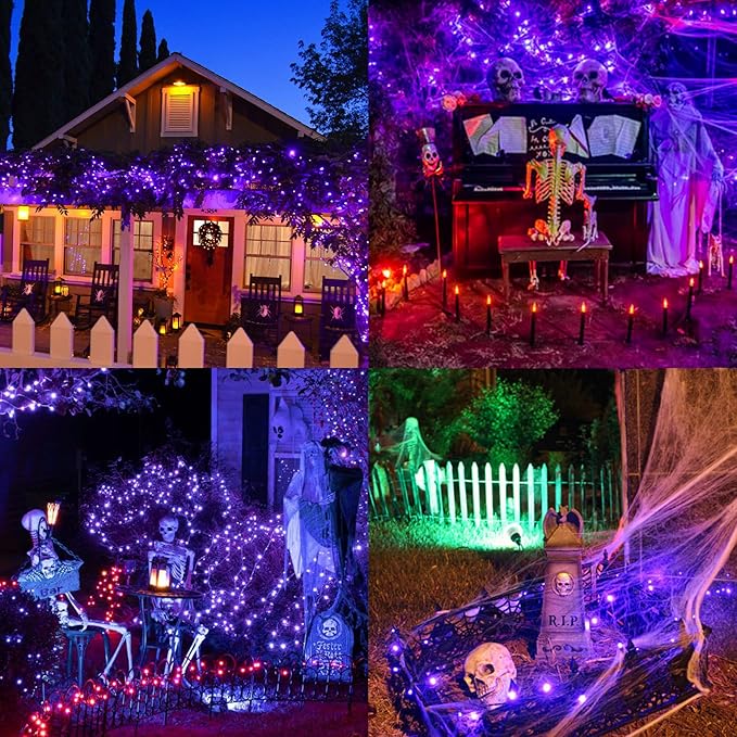 Rotu Halloween Lights Outdoor 114.8 ft 300 LED String Lights with Music Sync Spooky Sounds Halloween Decorations Fairy Lights Indoor Waterproof for Yard Porch Haunted House Decor (Purple)