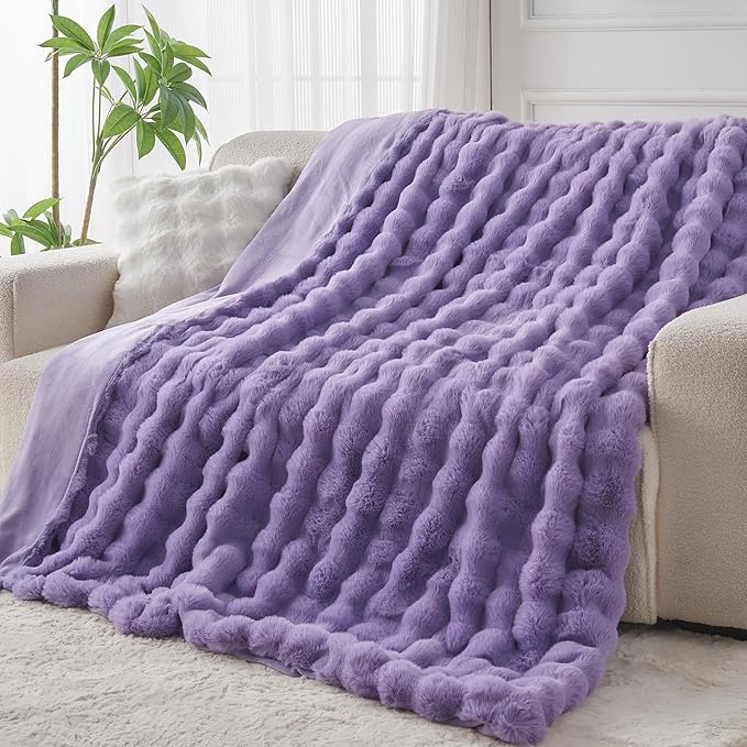 Lotus Karen Faux Fur Throw Blanket Purple - Big Bubble Rabbit Fluff Blanket for Couch Bed Sofa,Softest Fluffy Fuzzy Cozy Blanket,Thick Furry Plush Shaggy Warm Blankets for Women,50x60 Inches