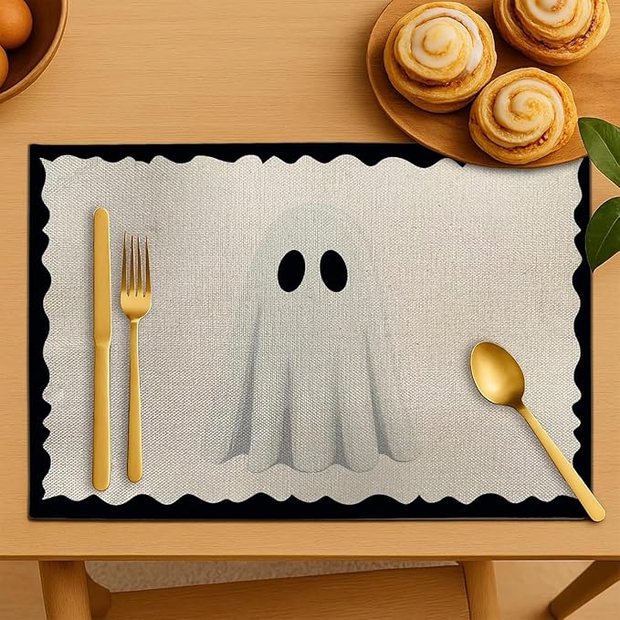 Halloween Ghost Placemats, 4Pcs Black&White Washable Heat Resistant 12×18 Inch Table Mats Cute Place Mats for Party Outdoor Decoration Kitchen Dining Décor