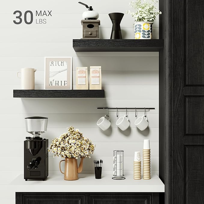 Black Floating Shelves for Wall, 16 inchs x 6.7” deep x 1.4” Wall Shelf for Bathroom Bedroom, Living Room, Kitchen, Office Home Decor, Narrow Wood Shelves with Invisible Brackets Set of 2