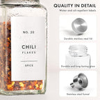 Glass Spice Jars with Label and Stainless Steel Lids (24 x 4oz) Spice Containers with 240 Labels, Shaker Inserts, Steel Funnel, Empty Square Empty Square Seasoning Organizer (White)