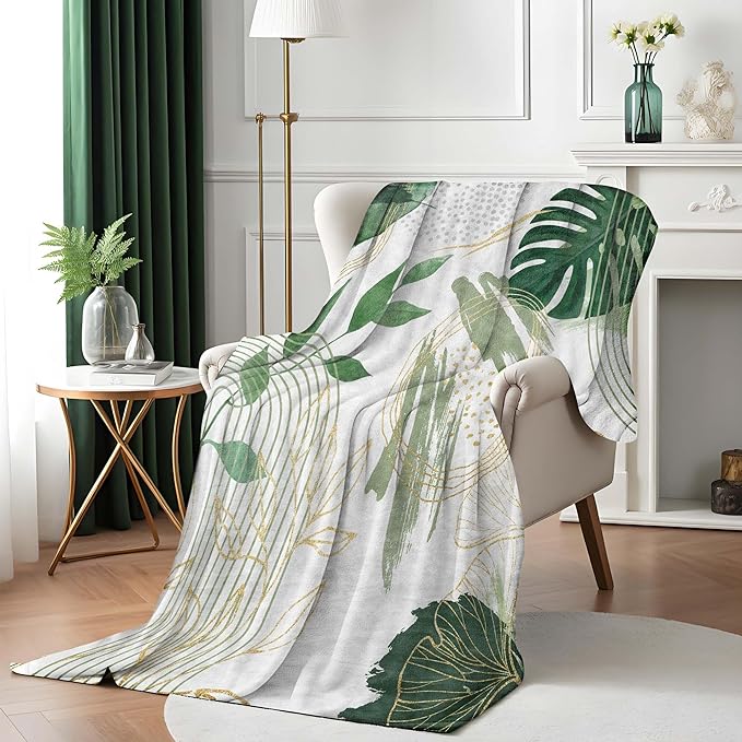 Sage Green Leaf Throw Blanket Mid-Century Green and Gold Boho Flannel Blankets for Couch Bed Living Room Sofa, Decorative Patterned Super Soft Cozy, 50x60 in