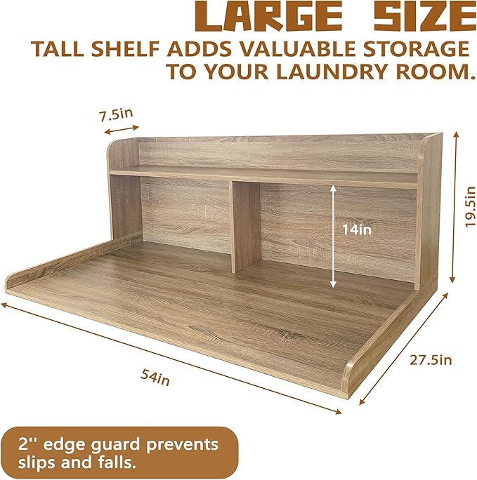 Royxen 2-Tier Washer Dryer Countertop,19.5"H Wood Washer and Dryer Topper with Shelf,Laundry Countertop Over Washer and Dryer, Universal Fit for Laundry Room Organization (White Oak, 54"W X 27.5"D)