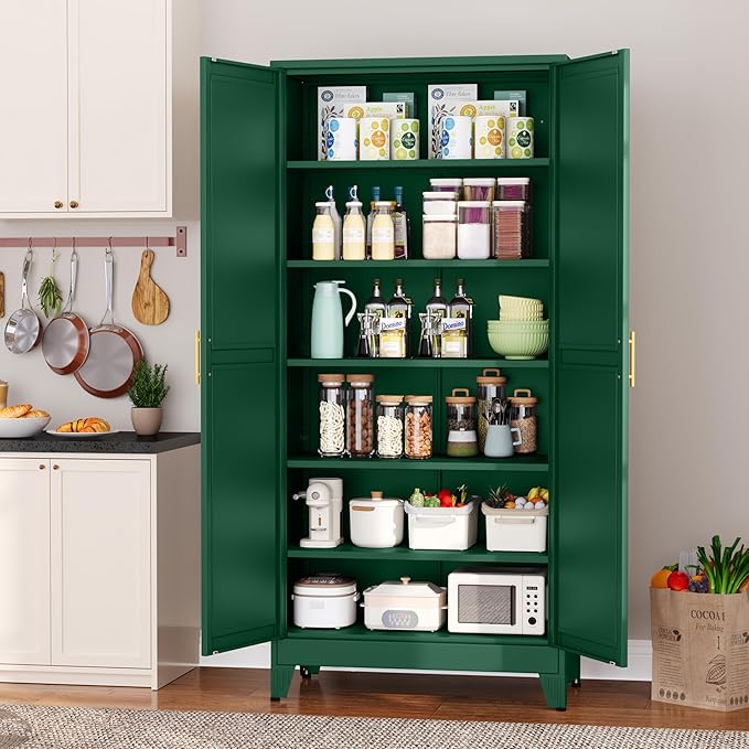 Metal Pantry Cabinet with 2 Doors and 5 Adjustable Shelves, 75" Kitchen Storage Cabinet with Gold Handles, Versatile Storage for Laundry, Living, Bathroom, Dining, Utility Room - Green