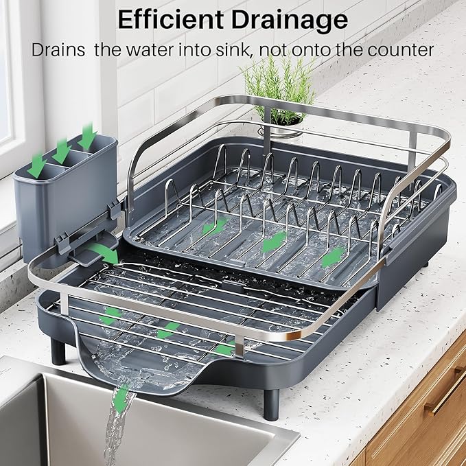 Dish Drying Rack, Expandable Dish Rack for Kitchen Counter, Stainless Steel Dish Drainer with Drainboard Set and Utensil Holder (Gray)