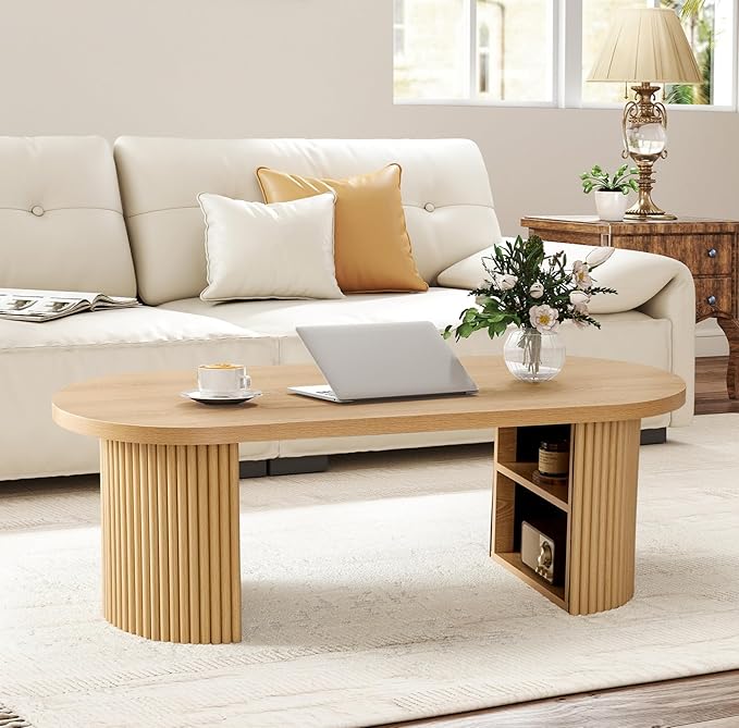 Oval Fluted Coffee Table, 47" Farmhouse Wood Coffee Table Mid Century Modern Center Table Boho Living Room Tables for Living Room Office,Natural