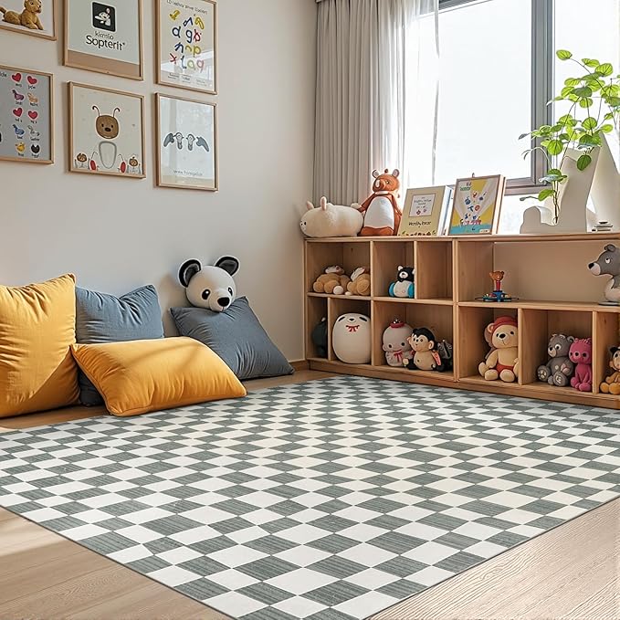 jinchan 5x7 Checkered Area Rugs for Kids Room - Machine Washable Soft Rug Modern Geometric Lattice Non-Slip Carpet for Nursery Playroom Classroom Living Room Bedroom Dining Room Home Office Grey