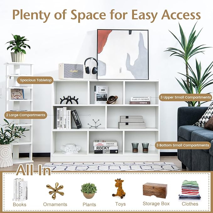 Tangkula 8-Cube Bookcase, Wood 3 Tier Open Storage Bookshelf, Modern Multipurpose Display Cabinet for Living Room, Study, Reading Nook, 48 x 12.5 x 36.5 Inch, White