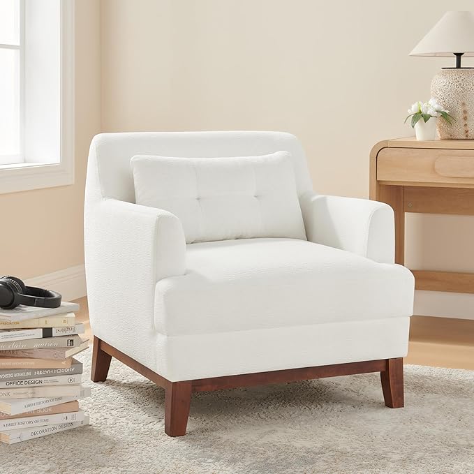 Modern Accent Chair with Terry Fabric, Upholstered Armchair with Spring Package Cushion & Solid Wood Frame, Comfy Lounge Chair for Living Room, Bedroom, or Reading Corner, Terry, White