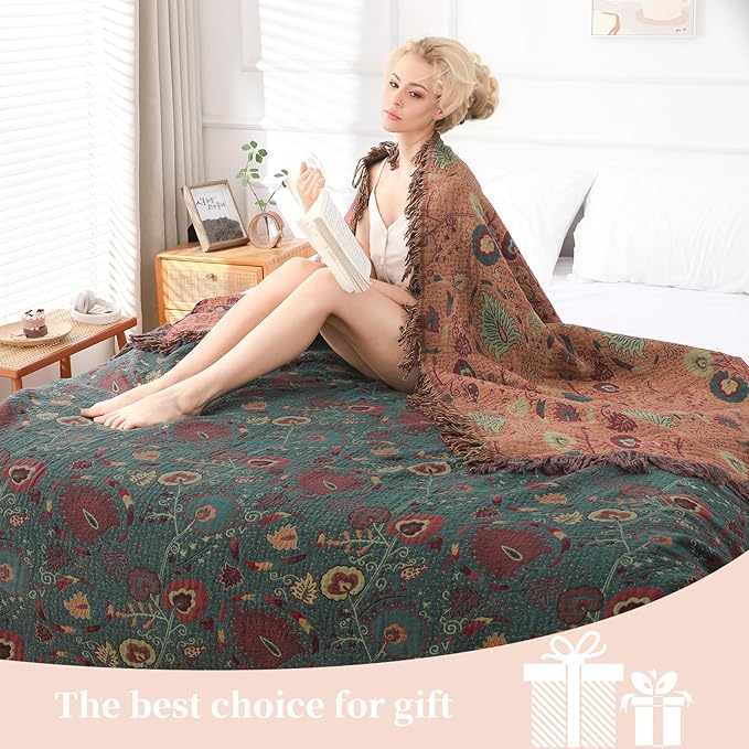 Boho Throw Blanket for Bed - 100% Pure Cotton Ultra Soft Rustic Quilt - Farmhouse Decor Bed Blankets, All Season Rustic Throw for Sofa Couch Chair(60''×80'', Floral)