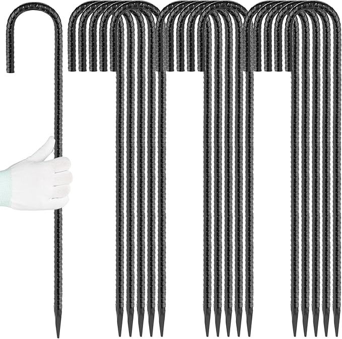 24 inches J Hook Rebar Stakes (16-Pack), Extra Long Garden Stakes with Chisel Point End Steel Rebar Ground Stakes for Tent Chain Link Fence and Outdoor Decorations Black Coated
