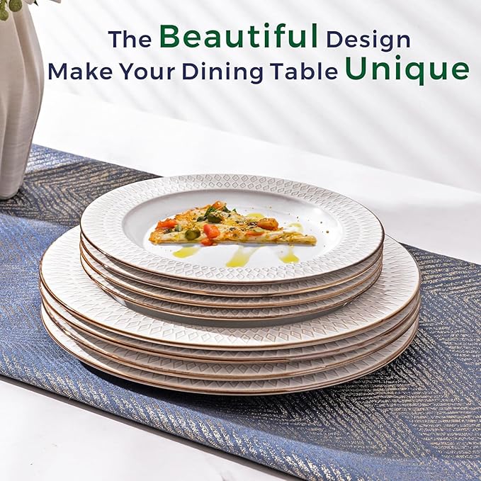 GBHOME Ceramic Dinnerware Sets,12 pcs Embossed Elegant Stoneware Plates and Bowls Sets, Housewarming Wedding Gift | Dishwasher & Microwave Safe | Dishes Set Service for 4