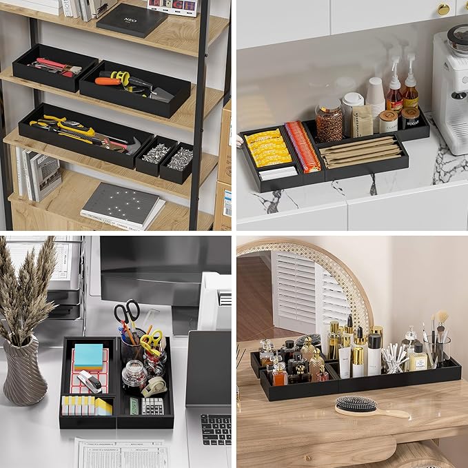 Bamboo Kitchen Drawer Organizer - Set of 2, Stackable Utensil Organizers, Wooden Storage Box Tray for Cabinet, Pantry, Bathroom Countertop, Multi-use Organization and Storage (Black)