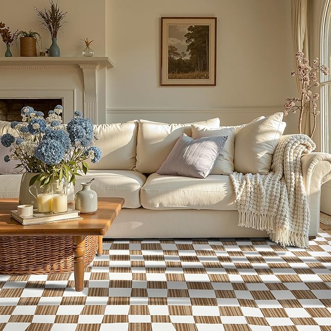 jinchan 6x9 Brown Checkered Area Rugs for Kids Room - Machine Washable Rug Modern Neutral Geometric Lattice Soft Non-Slip Carpet for Nursery Playroom Classroom Living Room Bedroom Home Office