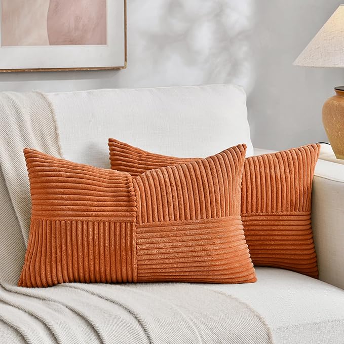 Fancy Homi 2 Packs Burnt Orange Lumbar Decorative Throw Pillow Covers 12x20 Inch for Living Room Couch Bed Sofa, Farmhouse Boho Home Decor, Soft Striped Corduroy Rectangle Accent Cushion Case 30x50 cm