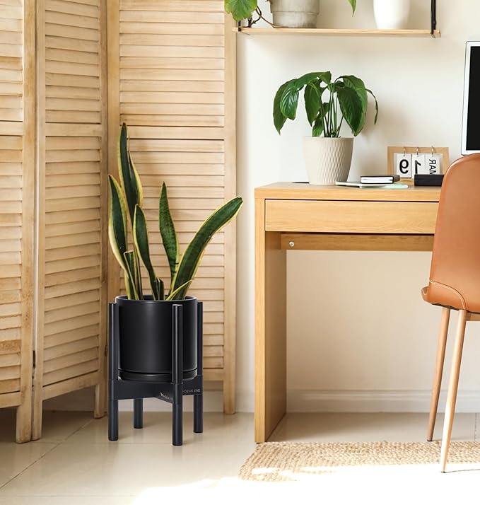 D'vine Dev Ceramic Planter with Ebony Stand - 8 Inch Modern Round Flower Pot with Wood Planter Holder, Black, 55-B-M-2