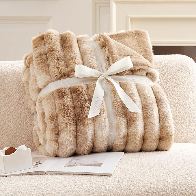 Cozy Bliss Faux Fur Throw Blanket for Couch, Cozy Warm Plush Striped Blanket for Sofa Bedroom Living Room, 50 * 60 Inches Tie-dye Kahki