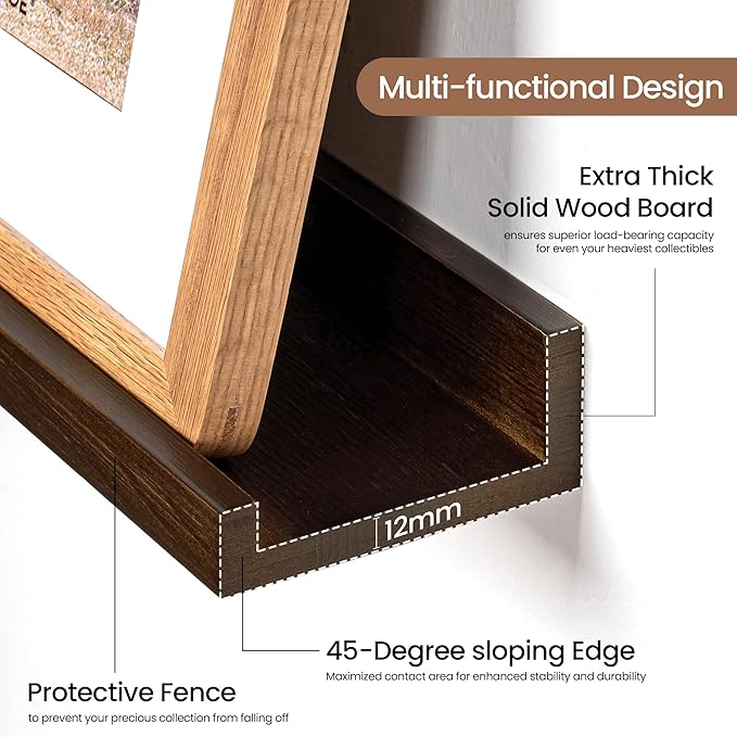 Picture Ledge Shelf, Solid Pine Wood Floating Shelves Set of 4, 16 Inches Nursery Book Shelves for Toys Storage, Kids Bookshelf Wall Mounted for Living Room Decor Photo Frames, Walnut