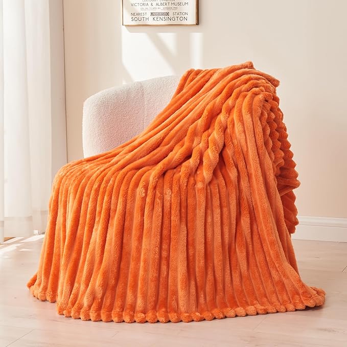 NEWCOSPLAY Super Soft Fall Queen Blanket Orange Premium Silky Flannel Fleece 3D Ribbed Jacquard Lightweight Bed Blanket All Season Use (Orange Ribbed, Queen(90"x90"))