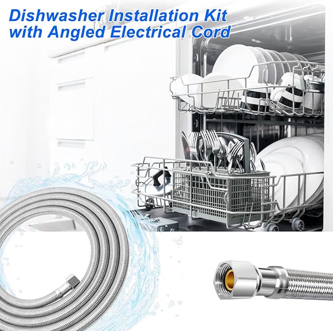 Dishwasher Installation Kit - 6 FT Stainless Steel Dishwasher Hose with 3/8" Compression Connections,Food Grade PEX Inner Tube Dishwasher Water Supply Line with Elbows,Adapters and 6 FT Power Cord