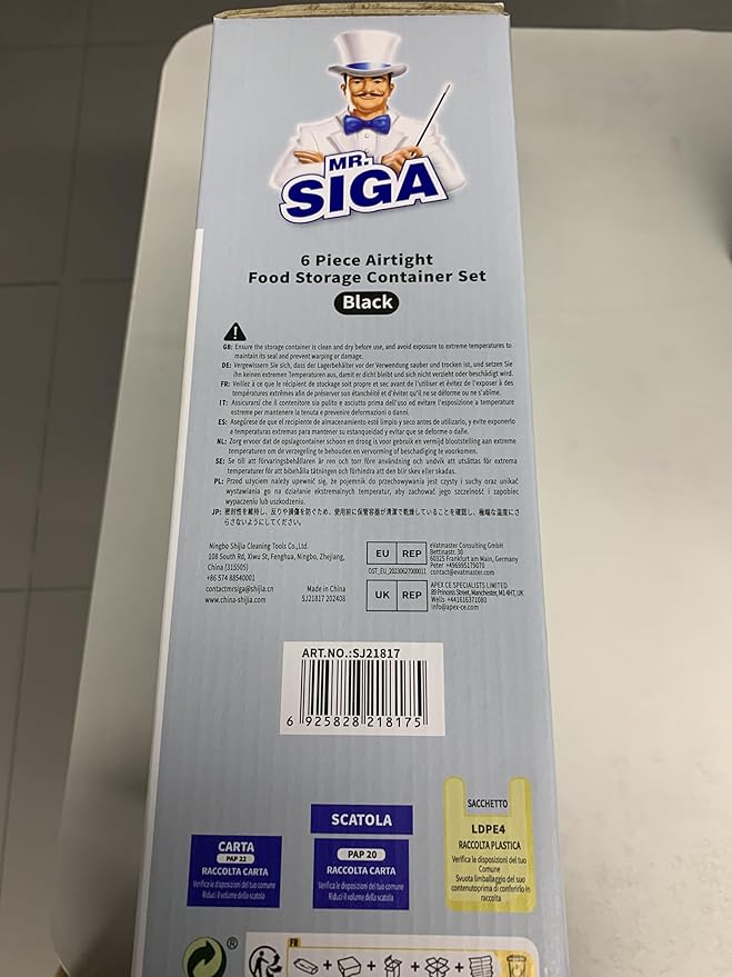 MR.SIGA 6 Piece Airtight Food Storage Container Set, BPA Free Kitchen Pantry Organization Canisters, One-handed Kitchen Storage Containers for Cereal, Spaghetti, Pasta, Black