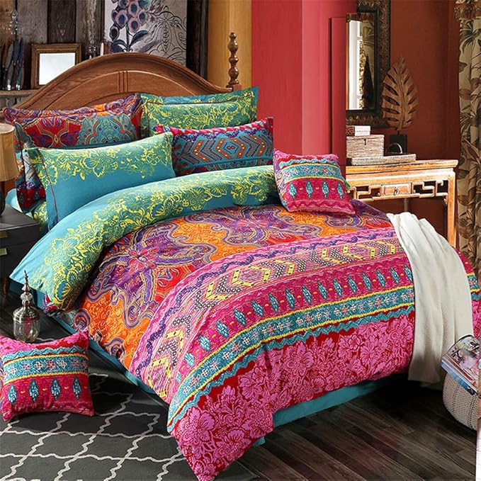 ABREEZE 3Pcs Bohemia Retro Bedding Ethnic Vintage Floral Duvet Cover Boho Bedding 100% Brushed Cotton Bedding Sets Damask Paisley Coloful Mandala Down Comforter Cover,King