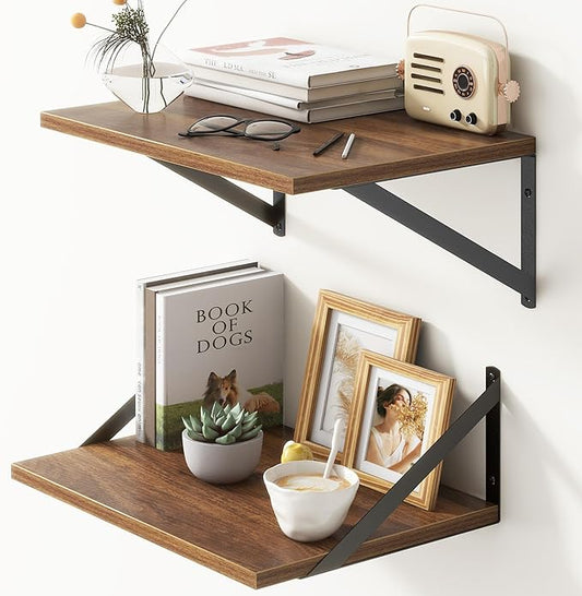 Deep Floating Shelves for Wall, 12 Inch Deep Floating Shelves Set of 2, 16"W x 12"D Wall Shelf, Wide Display Ledges Shelves for Bedroom, Bathroom, 12 Deep Bookshelf Wall Mounted - Walnut Color
