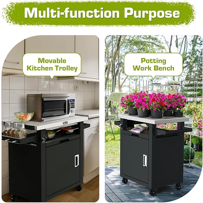 NUUK Grill Carts Outdoor with Enclosed Cabinet and Storage Drawer, Portable Patio Bar Cart with Wheels Stainless Steel Kitchen Storage Island 20" x 30" Rolling Prep Station for BBQ, Deck, Backyard
