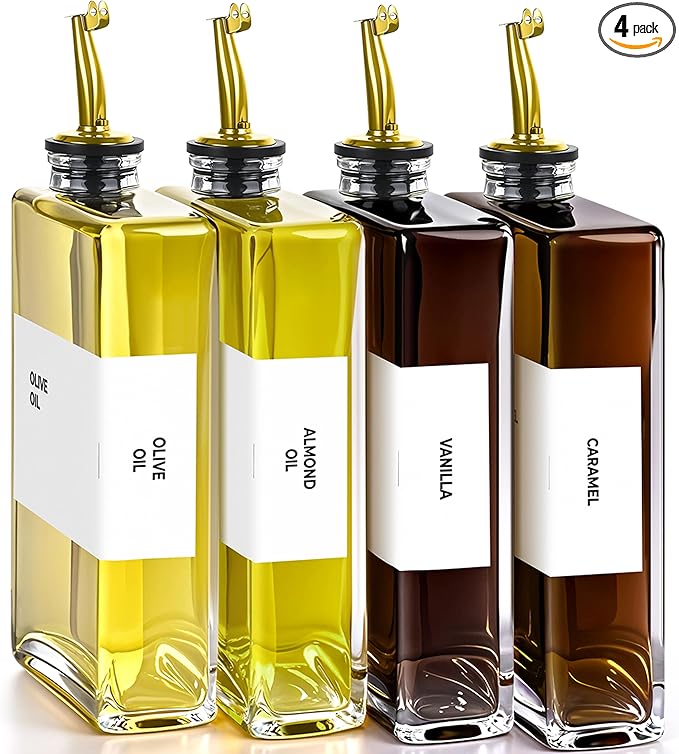 Olive Oil Dispenser Bottle - Includes 44 Kitchen Essential Labels - Cooking Oil Bottles for Kitchen, Coffee Syrup Dispenser - Pourer Spout with 11.8 fl oz Glass Container Cruet - 4pcs, Gold