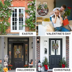 Interchangeable Seasonal Welcome Sign for Front Door, Rustic Round Wood Wreath Wall Hanging Decorations, for Spring Summer Fall Winter All Holiday Halloween Christmas Farmhouse Outdoor Home Decor