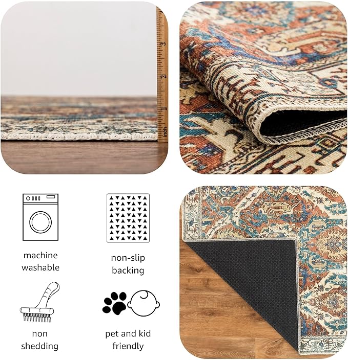 Keen Home Design 8x10 Rug - Machine Washable Area Rug with Non-Slip Backing, Ideal for Living Room, Dining Room, Bedroom - Vintage, Easy Clean, Durable, Low Pile Rug - (8' x 10')