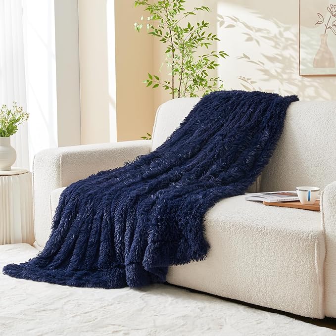 GONAAP Fuzzy Faux Fur Throw Blanket Dark Navy Super Soft Cozy Plush Fuzzy Shaggy Blanket for Couch Sofa Bed (Dark Navy, Throw(50"x60"))